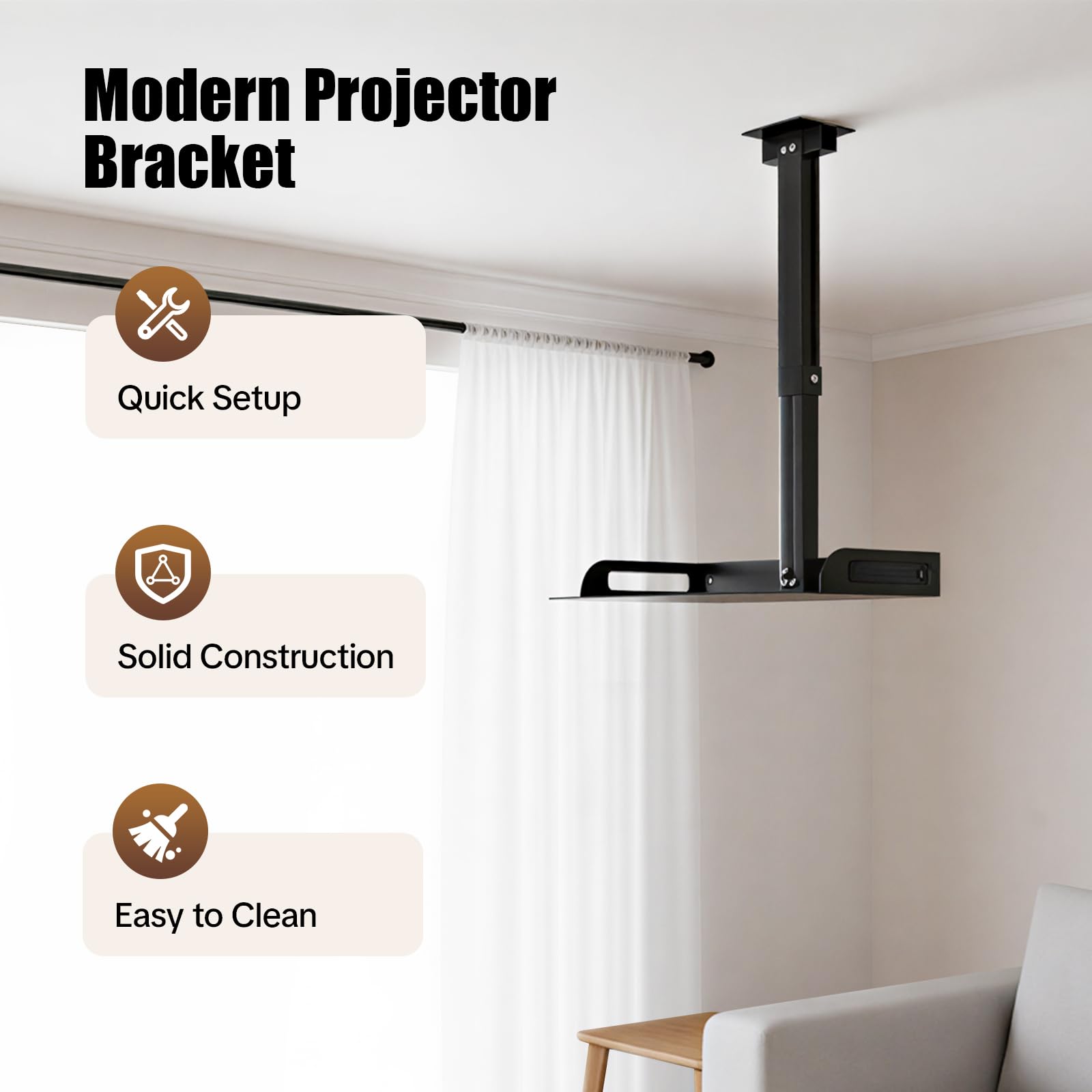 Supporto per proiettore, supporto da soffitto, capacità di carico 14 kg, vassoio 35 x 22 cm, altezza regolabile 34 – 56 cm, supporto universale per proiettori, router, nero