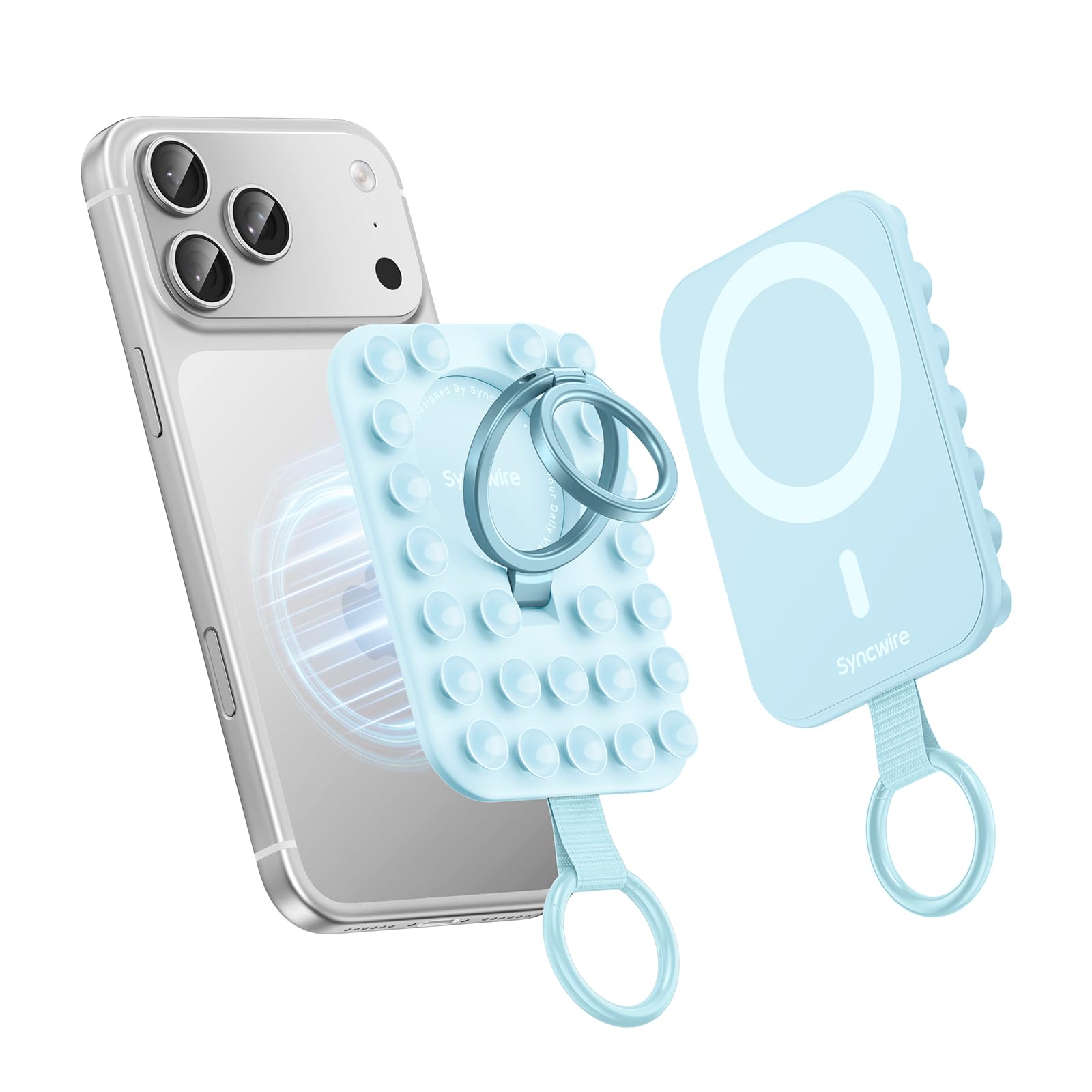 Syncwire Support Téléphone Magnétique en Silicone avec Ventouse Puissante – Anneau Magnétique Compatible MagSafe pour iPhone/Android, Mains Libres, Selfies & Vidéos TikTok, Bleu