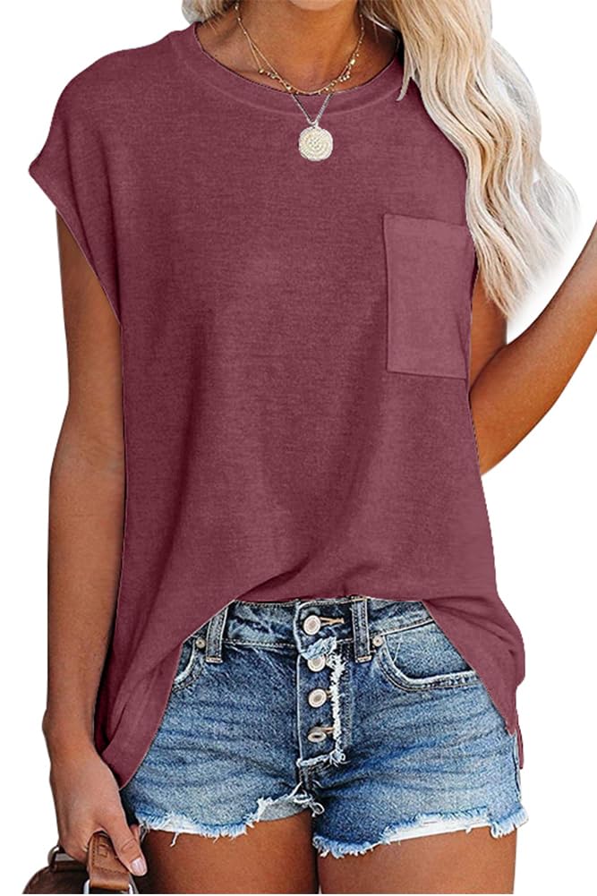 isermeo Womens Summer T Shirts Loose Fit Cap Sleeve Side Split Summer Tops with Pocket S-XXL