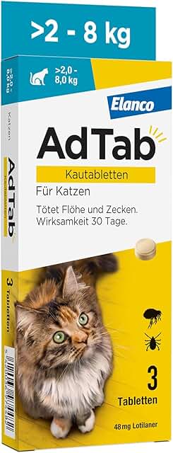 AdTab Flea and Tick Protection for Cats Over 2 to 8 kg, Chewable Tablet for Ticks and Fleas, Protection and Treatment for 1 Month, Easy to Administer (3 Per Pack) product image