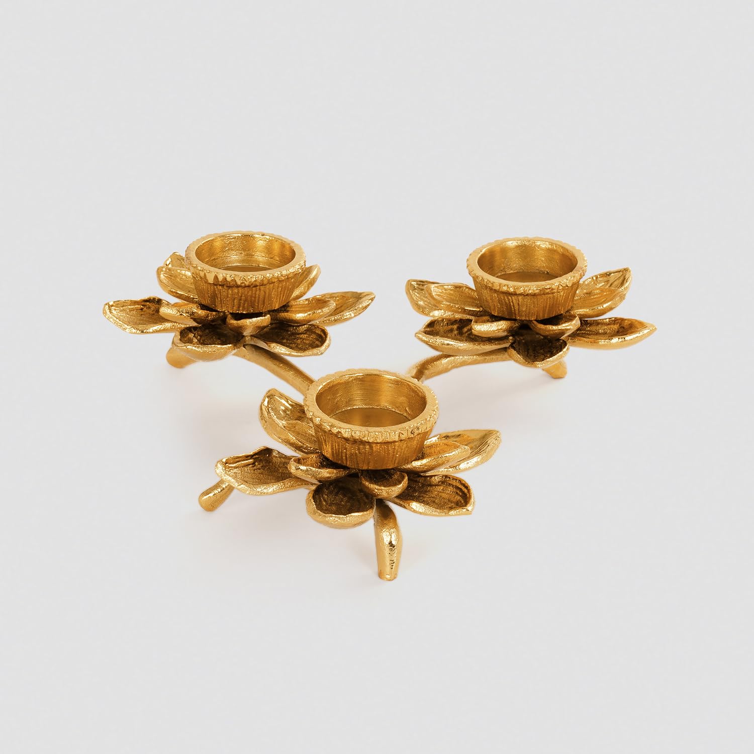 Pure Home + Living Gold 3 Arm Flower Candle Holder for Home Office Living Room Indoor Garden Dining Centerpiece Decoration and for Diwali Decor (Pack of 1) 2