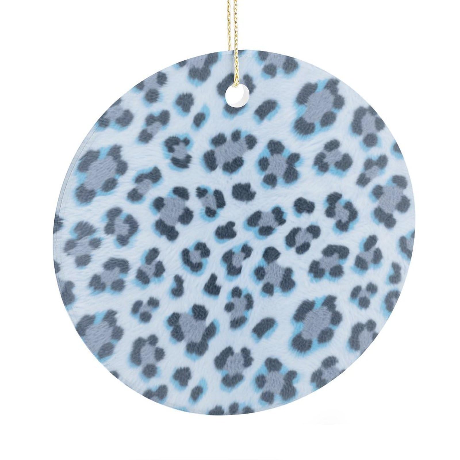 Fekiloot Style Ice Snow Leopard Print Christmas Ornaments 2.9 Inch Round Ceramic Ornament Keepsake Thank You Gifts For Office, Room, Home - Holiday Present Ideas