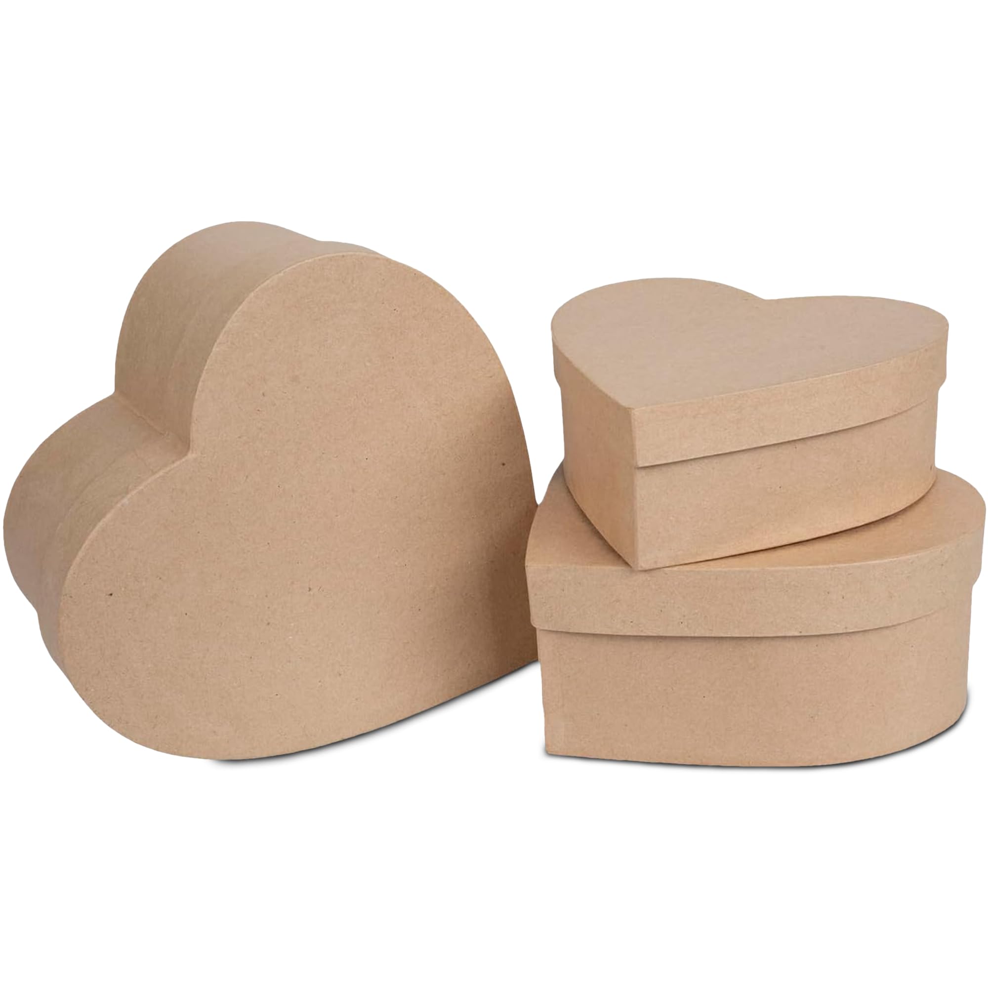 Heart Paper Mache Boxes with Lids (Set of 3) - Brown Kraft Paper Nesting Gift Boxes - Crafting Paper Mache Heart Box with Lid for Custom Decoration - Durable Paper Mache Box for Versatile Storage