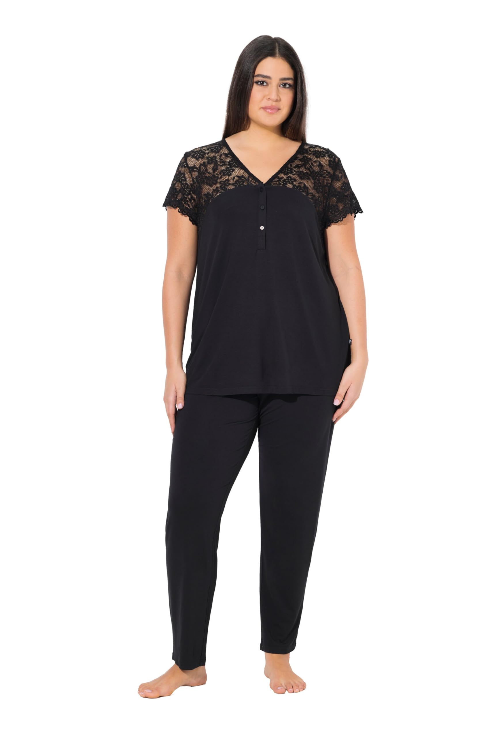 Ulla Popken Damen große Größen Übergrößen Plus Size Pyjama, Spitze, V-Ausschnitt, Spitzen-Halbarm 838139