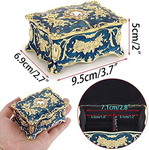 SUMTREE Vintage Metal Jewelry Box Trinket Storage Organizer Box For Rings Earrings Necklace (Blue,Small) (Blue)