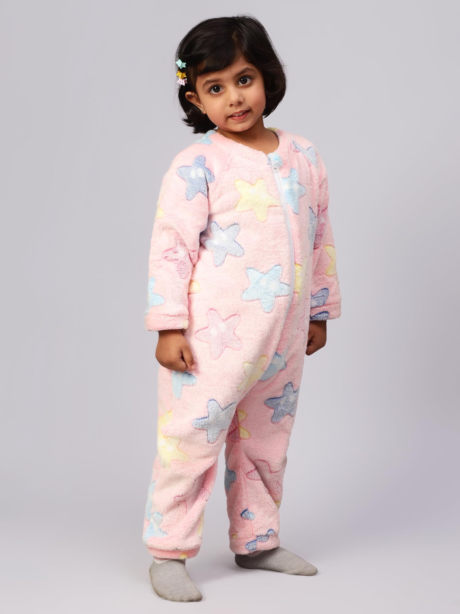 Bubble Berry Kid's Flannel Romper Night Suit Kids and Babies, 3-4Years, Pink Stars- Winter - Image 3 thumbnail