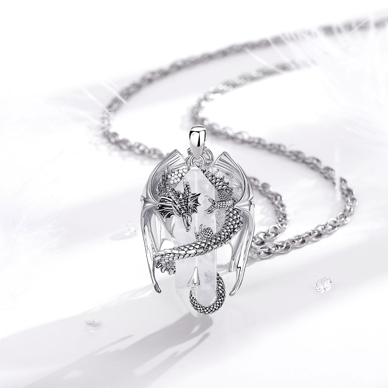 INFUSEU Kristall Drachen Kette, Nordischer Drache Gewickelter Zylinder Edelstein Anhänger Gothic Naturkristall-Schmuck