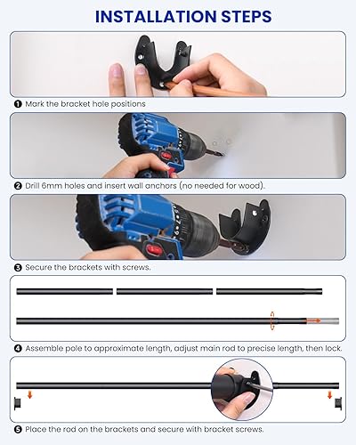 Miniatura 8 de Barras de armario para colgar ropa, barra de metal ajustable sin escalones de 17 a 84 pulgadas, barra de 1.3 pulgadas para colgar ropa de alta