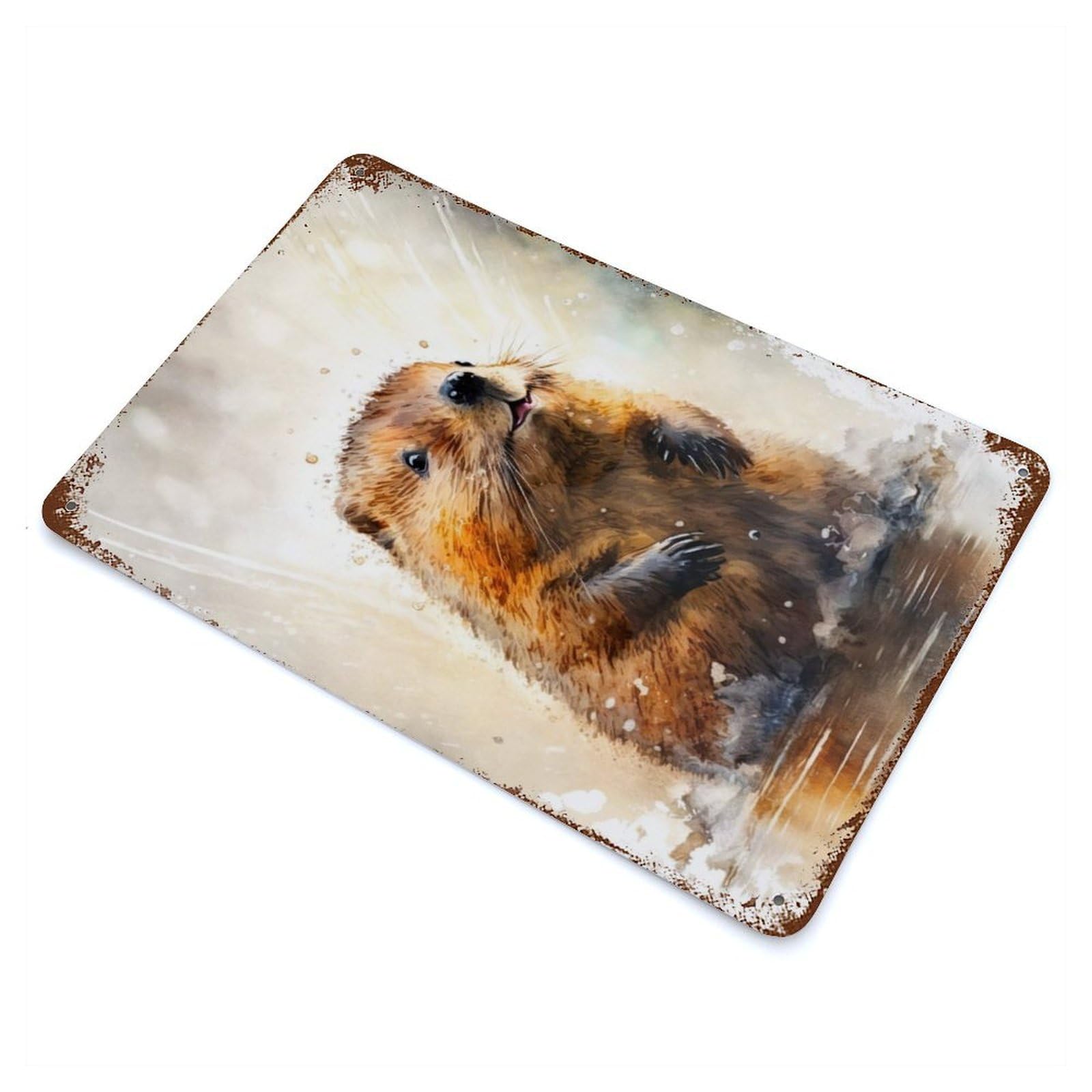 Distressed Metal Wall Sign with Beaver Watercolor Drawing Design 11.8"x7.9", for Living Room, Hallway And Home Decor, Vintage Wall Decor