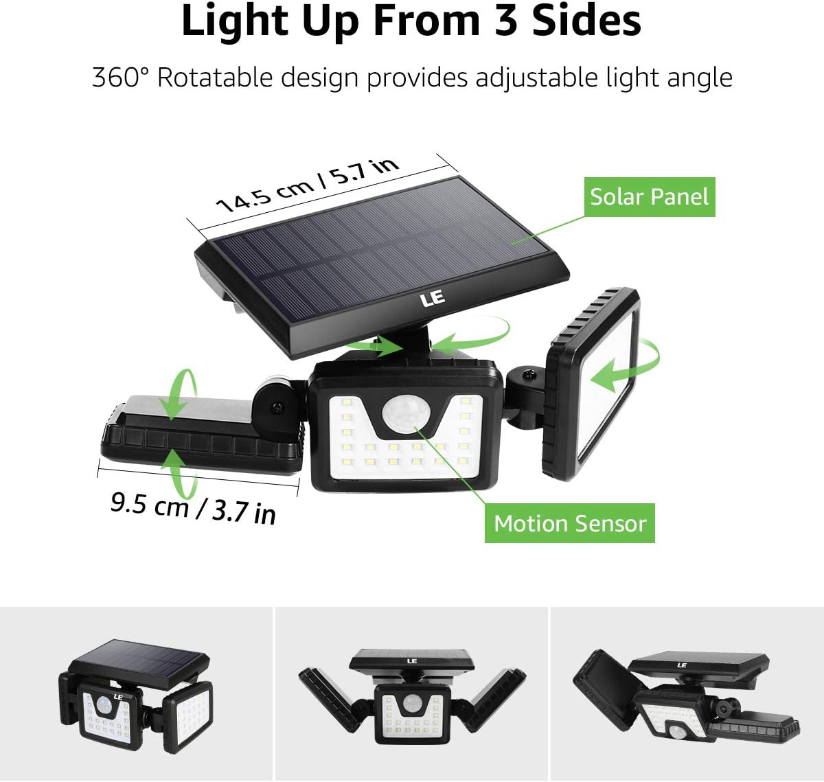 LE Solar Lights Outdoor, Motion Sensor Security Lights, 3 Adjustable Head 70 LED 270° Wide Angle, Waterproof Wireless Wall Lights for Porch Yard Garage Pathway and More, Pack of 2