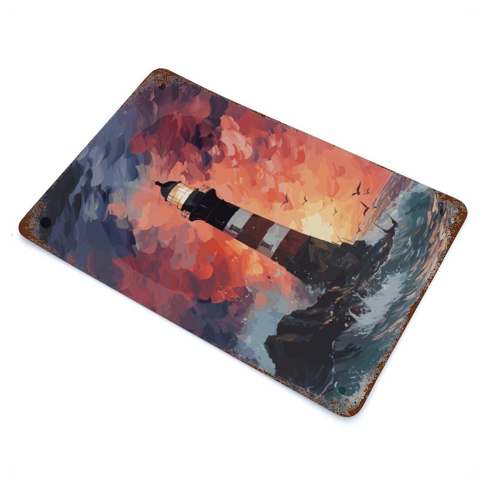 Lighthouse Sunset Aged Metal Wall Plaque 11.8"x7.9", for Pub, Kitchen And Man Cave Decor, Decorative Metal Wall Art