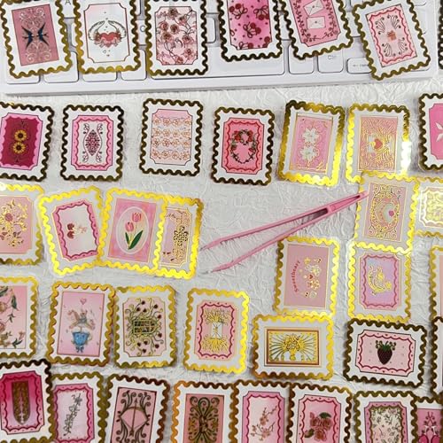 Image of 50 PCS Cartoon love stamps Stickers Aesthetic PET Stickers Gold Stamp Decal Waterproof Decorative Decals for Scrapbook DIY Crafts Album Bullet Journal Planner Water Bottles Laptop Phone (Gold stamp-B)
