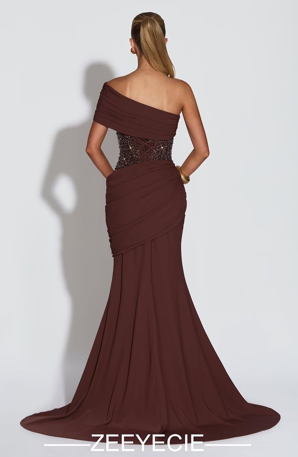 Zeeyecie One Shoulder Sequin Satin Prom Dresses for Women Mermaid Sparkly Formal Evening Ball Gowns with Train - Image 2