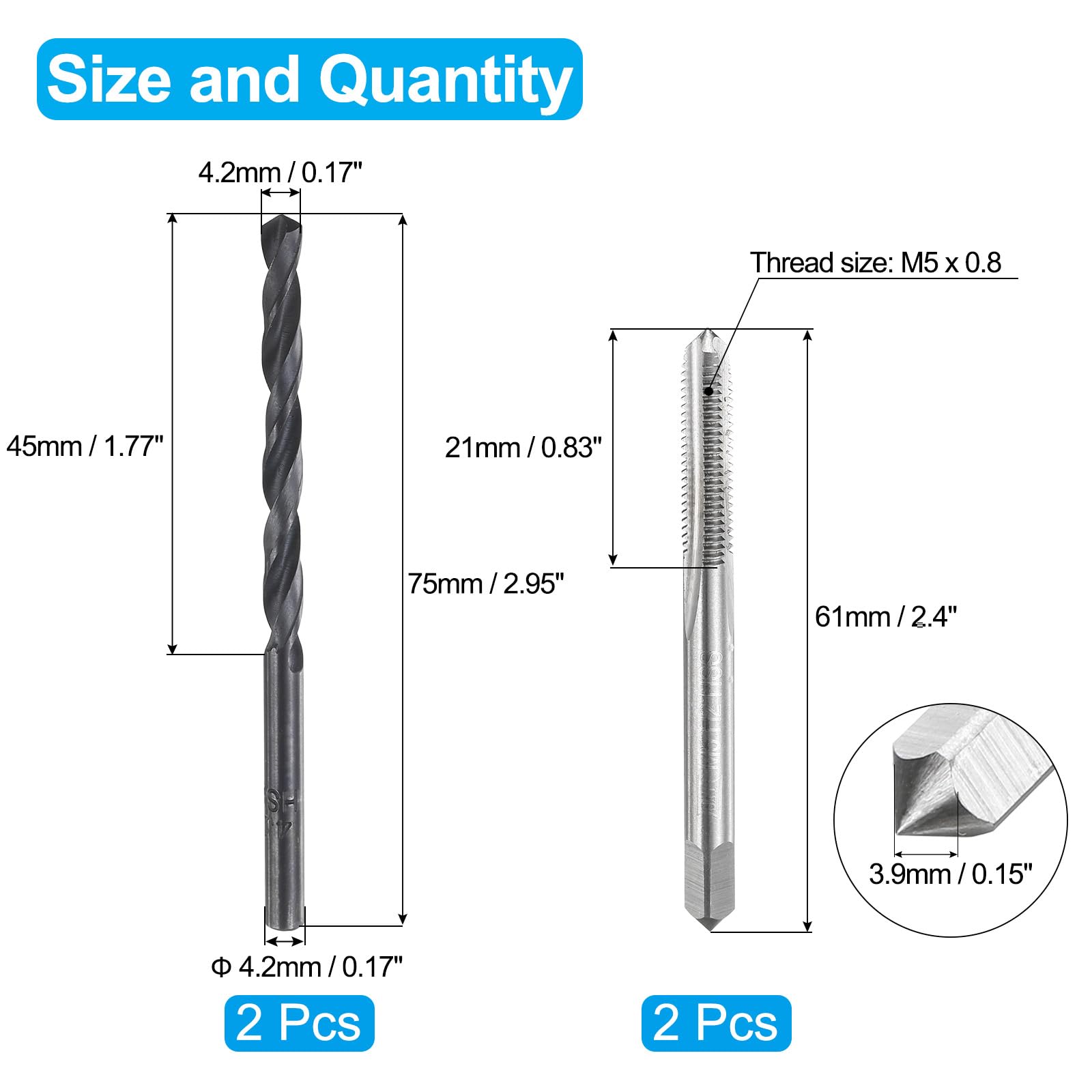Set di maschi e punte da trapano, 2 maschi per filettatura metrica a scanalatura dritta M5 x 0,8 e 2 punte elicoidali da 4,2 mm, kit di utensili per filettatura HSS-6542 in ossido nero/non rivestit