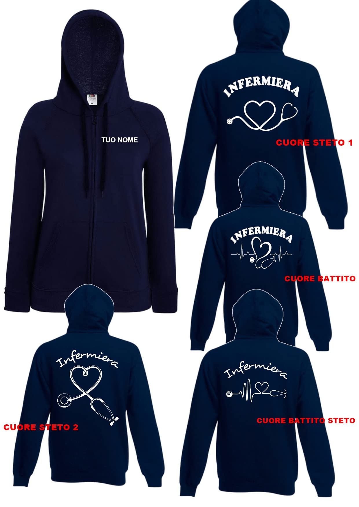 Felpa Cappuccio Infermiera STETOSCOPIO Varie grafiche sanità Abiti Lavoro Nurse Personalizzabile Regalo COLLEGA Amica