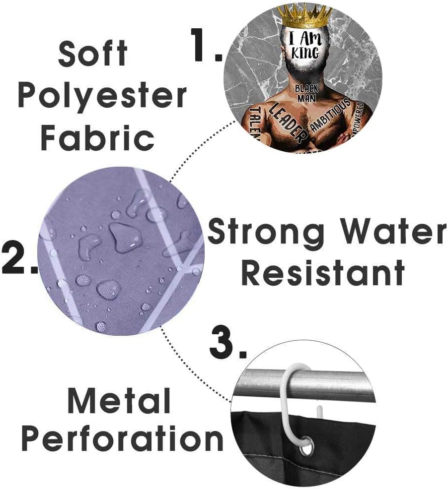 Jayden Madge 4PCS African American Shower Curtain Set, Grey Marble Positive Motivational Quotes Painting Black Man King Crown Modern Bathroom Decor, Waterproof Fabric Shower Curtain, Non-slip Bath Mat