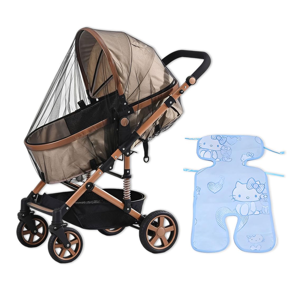 2 Pezzi, Set Zanzariera e Copertina Rinfrescante per Passeggino, Rete Antizanzare e Federa in Tulle di Cotone e Seta Ghiacciata, Ideale per Neonati in Estate, Nero e Blu Ghiaccio