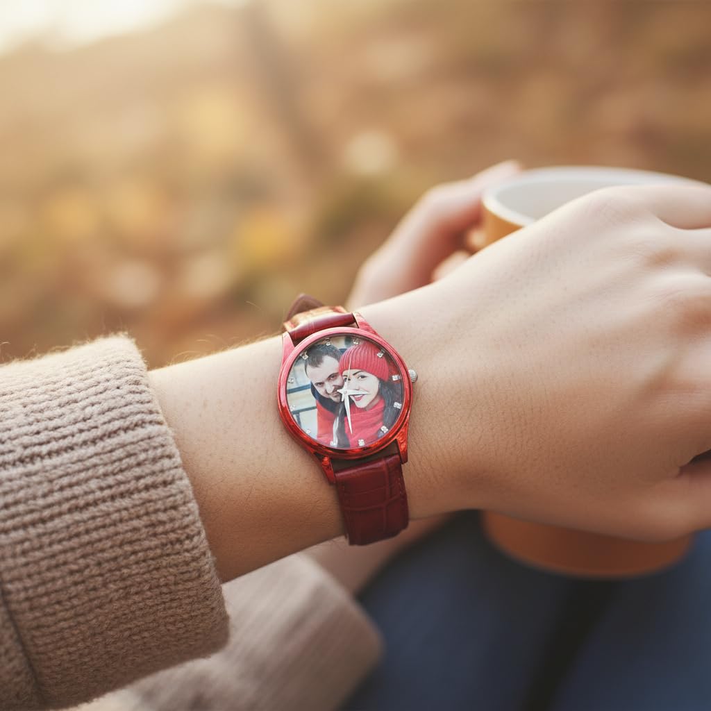 Reloj de pulsera con foto personalizado, hecho de material de aleación y correa de cuero. Tiene función impermeable. Adecuado como regalo para tu novio o padre.