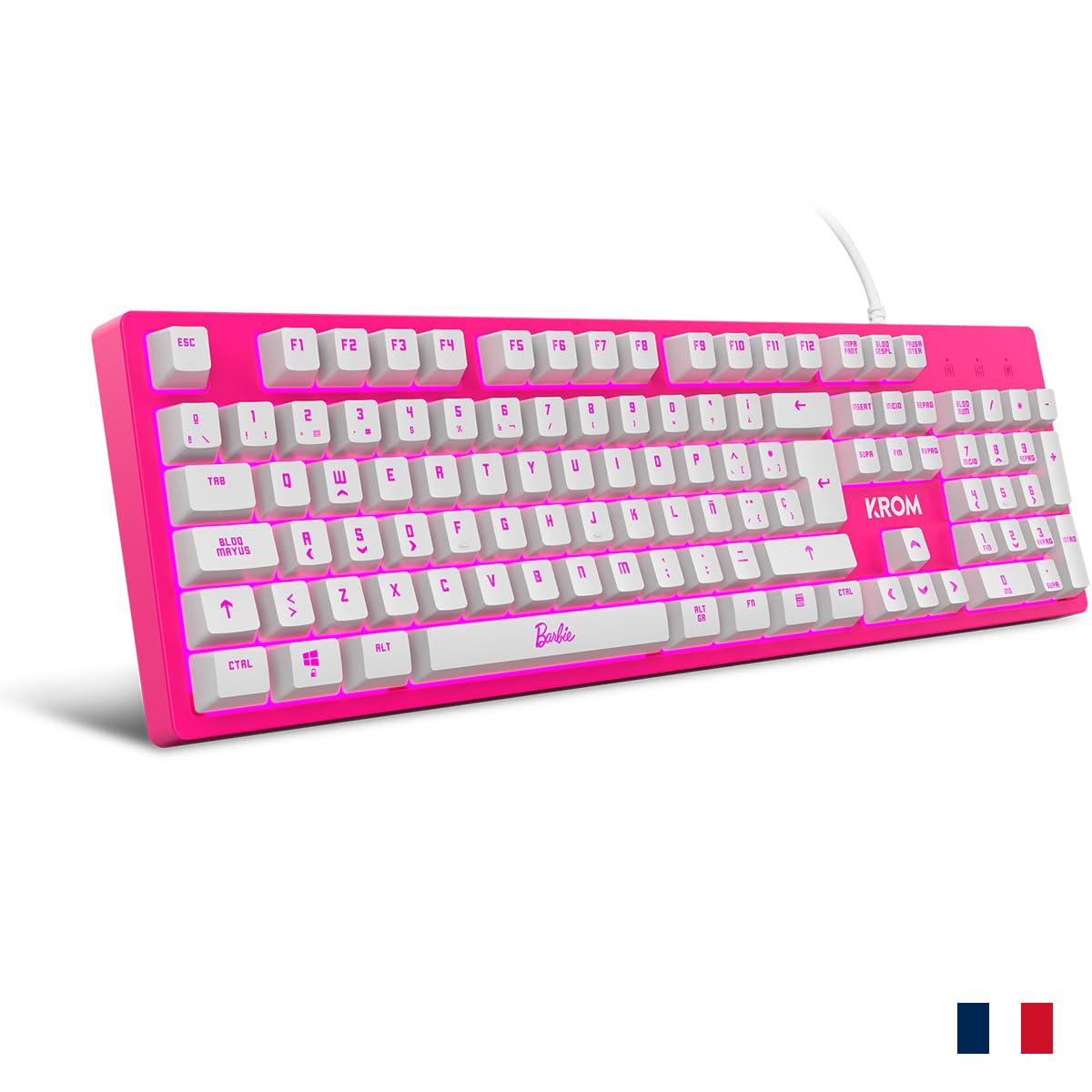 KROM BARBIE KANDY - Clavier à membrane LED blanche, souris capteur optique 6400 dpi, tapis de souris en caoutchouc souple et résistant, disposition française, couleur rose