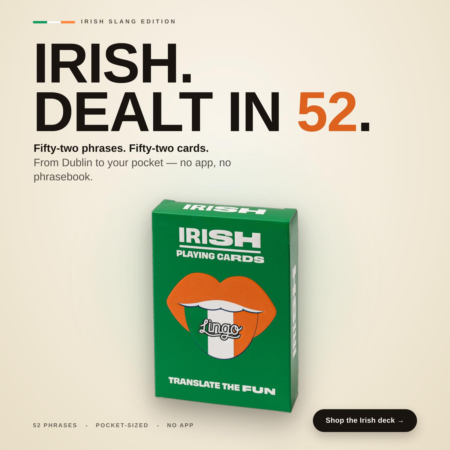 Lingo Irish Slang Spielkarten, 52 lustige Ausdrücke und Sätze, lustiges Kartenspiel, Geschenk für Amerikaner, St. Patrick's Day & Heritage-Liebhaber, Gesprächsstarter für Erwachsene