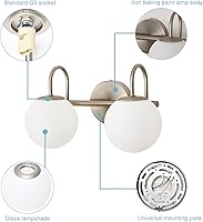Vista 4 de Moderna lámpara de tocador de baño, accesorios de iluminación, níquel cepillado, 2 luces con pantalla de vidrio globo blanco leche, aplique de pared