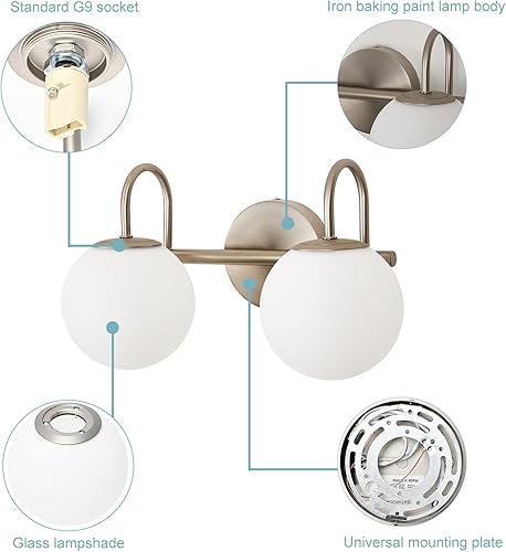 Miniatura 4 de Moderna lámpara de tocador de baño, accesorios de iluminación, níquel cepillado, 2 luces con pantalla de vidrio globo blanco leche, aplique de pared