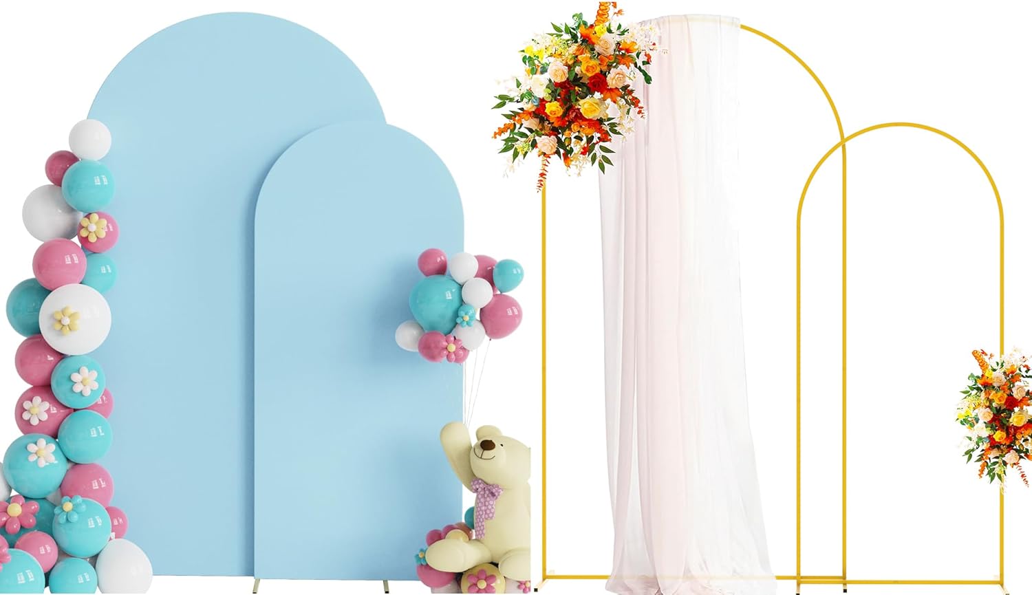 Metal Arch Stand and Wedding Arch Cover Set of 2 Dusty Blue Spandex Fitted Arch Cover with Round Top Chiara Backdrop Stand for Birthday Party Baby Shower Decoration 7.2FT, 6FT 6FT,7.2FT Dusty Blue