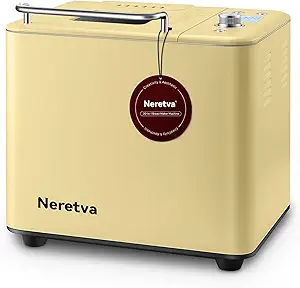 Neretva 20-IN-1 Bread Maker, Dual Heater 2LB Bread Machine Stainless Steel Bread Maker Machine Nonstick Ceramic Pan Compact for Gluten Free/Sourdough/Whole Wheat Bread/Yogurt, Breadmaker Recipe-Yellow