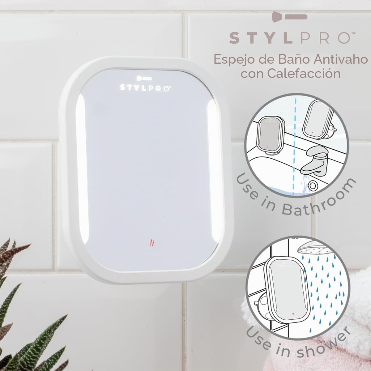 STYLPRO Espejo de baño antivaho: calefaccionado, iluminación LED, succión Segura, escobilla de Goma incluida. Hace Que Afeitar, Limpiar y Lavar en la Ducha Sea fácil. Resistente al Agua, Recargable,