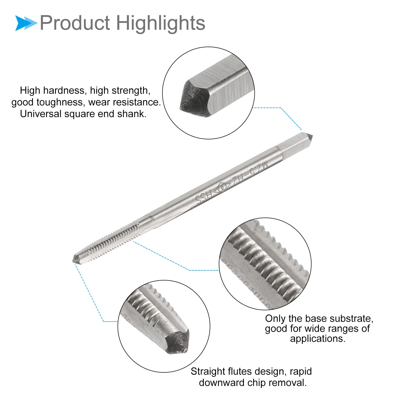 CoCud Thread Milling Taps, Metric M2.5 Thread H2, High Speed Steel Machine 3 Straight Flutes Screw Threading Tool - Image 4