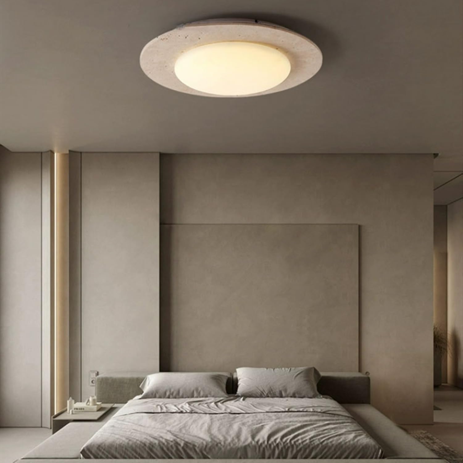 Dimmbare LED-Deckenleuchte Aus Travertin,Moderne Runde Deckenlampe Aus Naturstein Im Wabi-Sabi-Stil,Minimalistische Heimdekoration Beleuchtung Für Schlafzimmer,Wohnzimmer Und Flur(30CM)