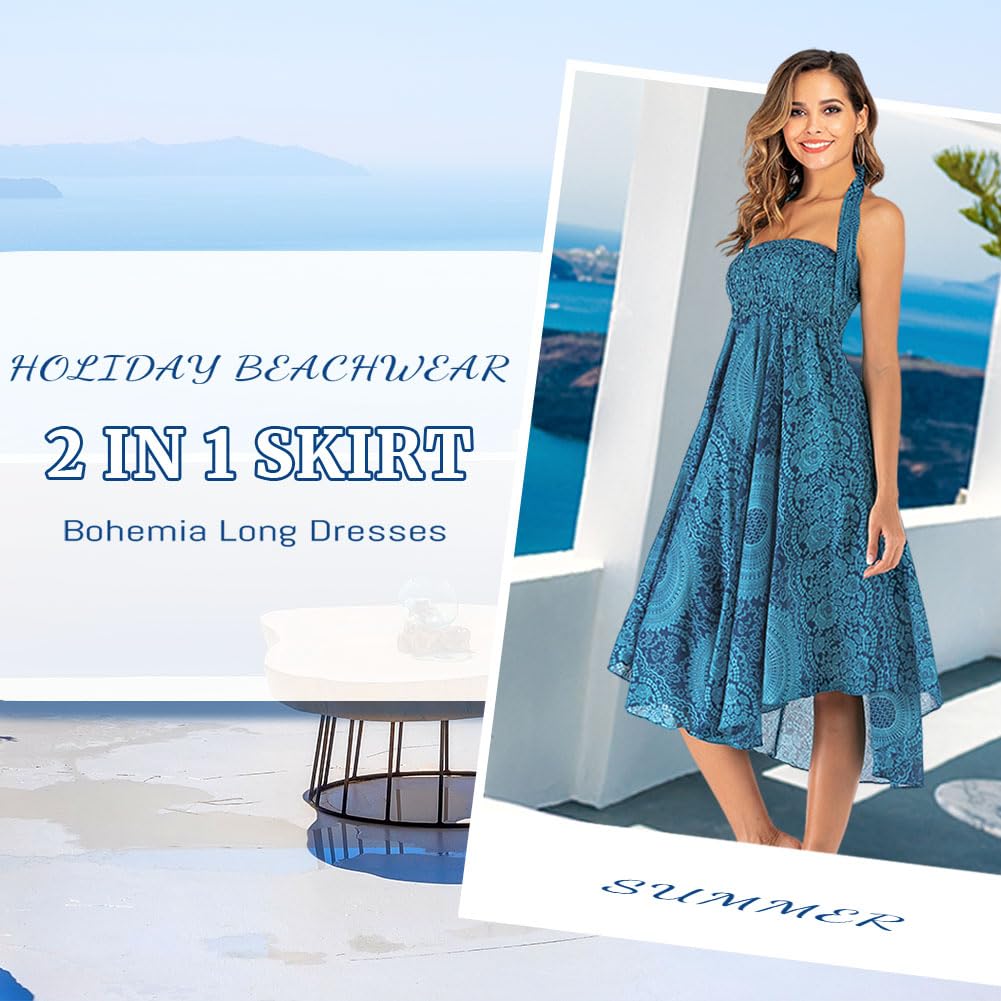 HAGOT Gonna Lunga Elegante 2 in 1 da Donna, Abito Vintage con Scollo all'Americana, Gonne Estive Boho