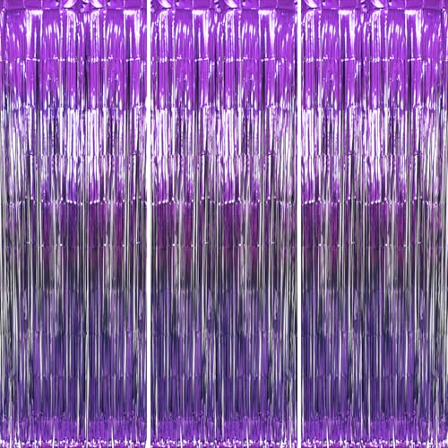 GOER 3.2 ft x 9.8 ft Metallic Tinsel Foil Fringe Curtains Party Photo Backdrop Party Streamers for Halloween Birthday,Graduation,New Year Eve Decorations (3 Packs,Purple)