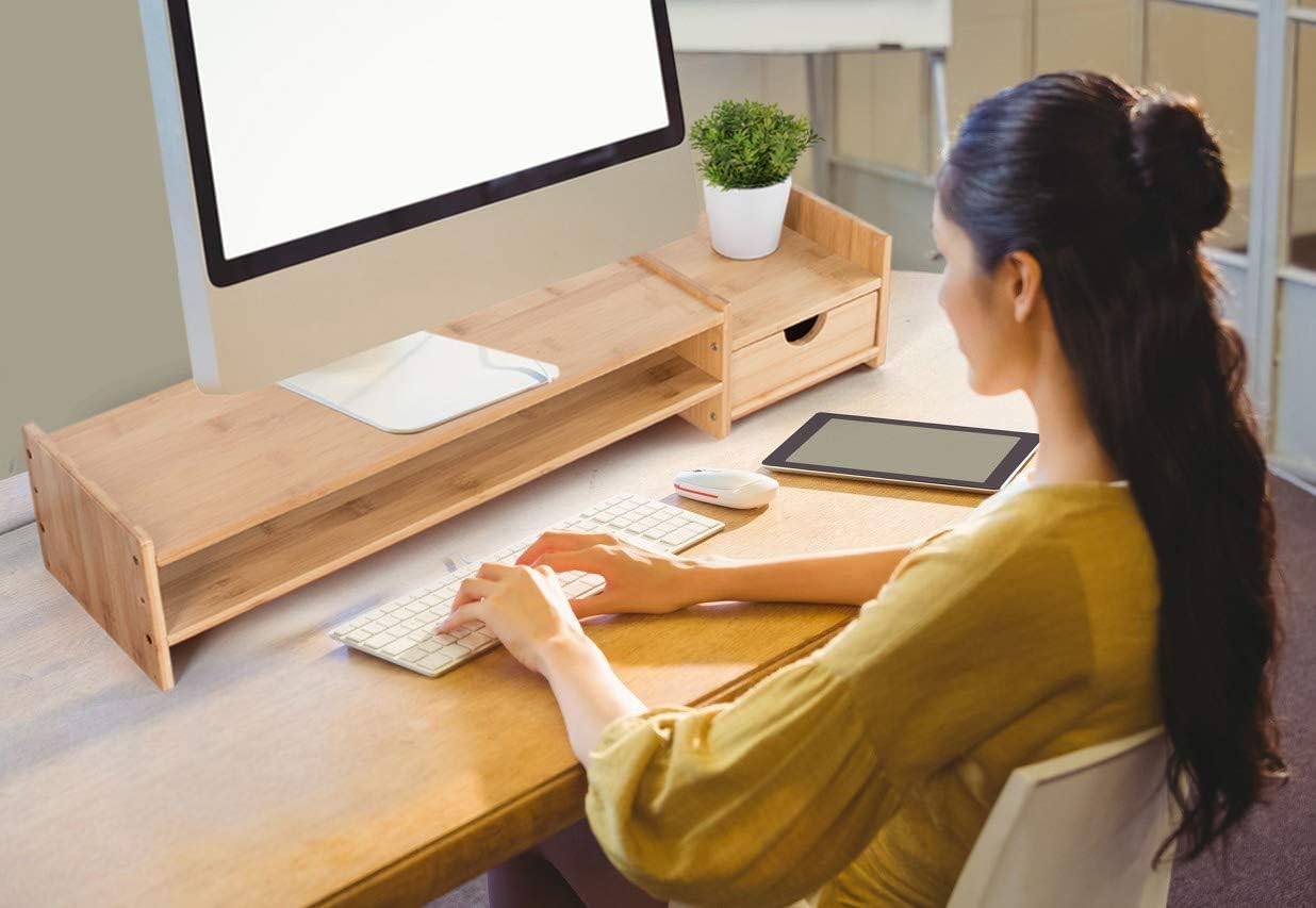 Supporto per monitor da scrivania in bambù con 2 ripiani e cassetti, organizer regolabile per computer, stampante, cellulare in ufficio, casa, riduce la tensione del collo e degli occhi (base)