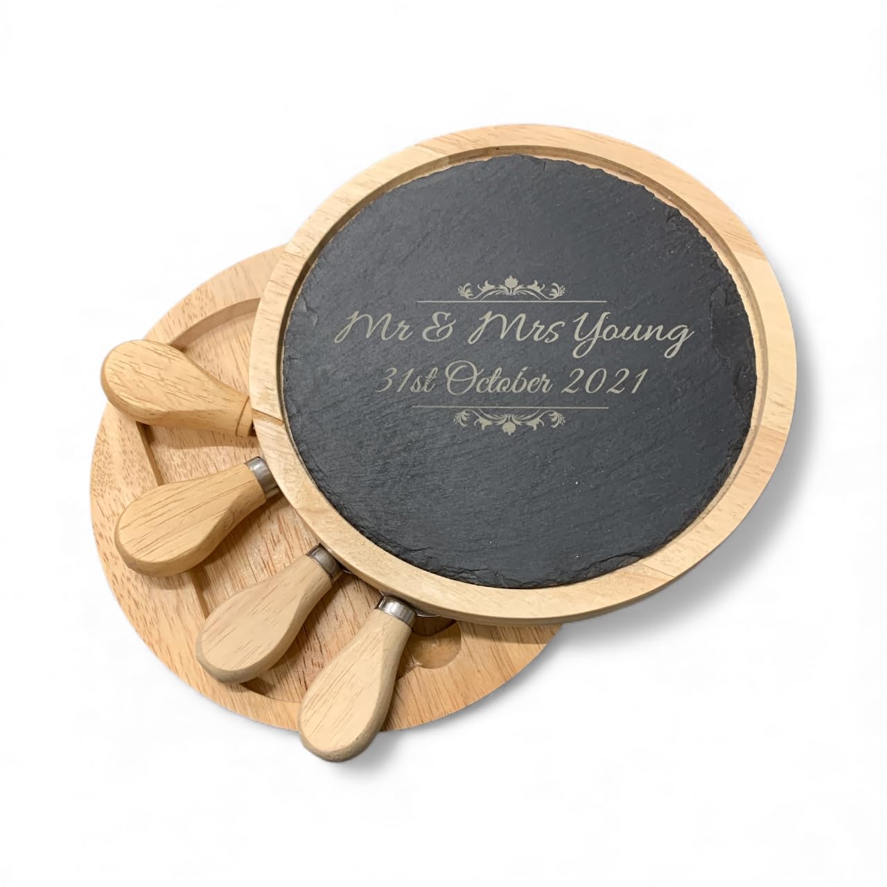 Personalised Compact Wood & Slate Round Cheese Board - Engraved Wedding Birthday Kitchen Gift
