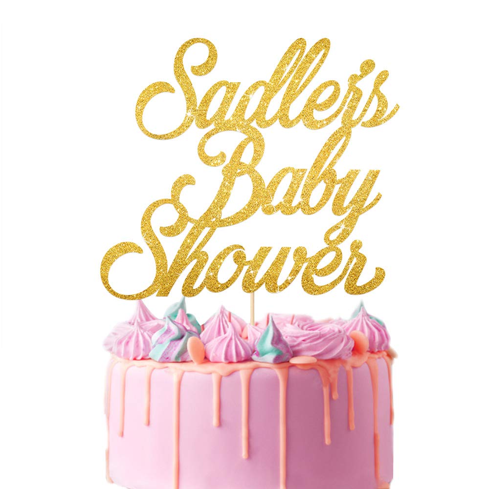 EDSG Personalised Cake Topper for Baby Shower | Cake Decoration Double Sided Glitter Card Text Customized Any Name | Multicolour Party Decoration Hand Finished in UK(Gold)