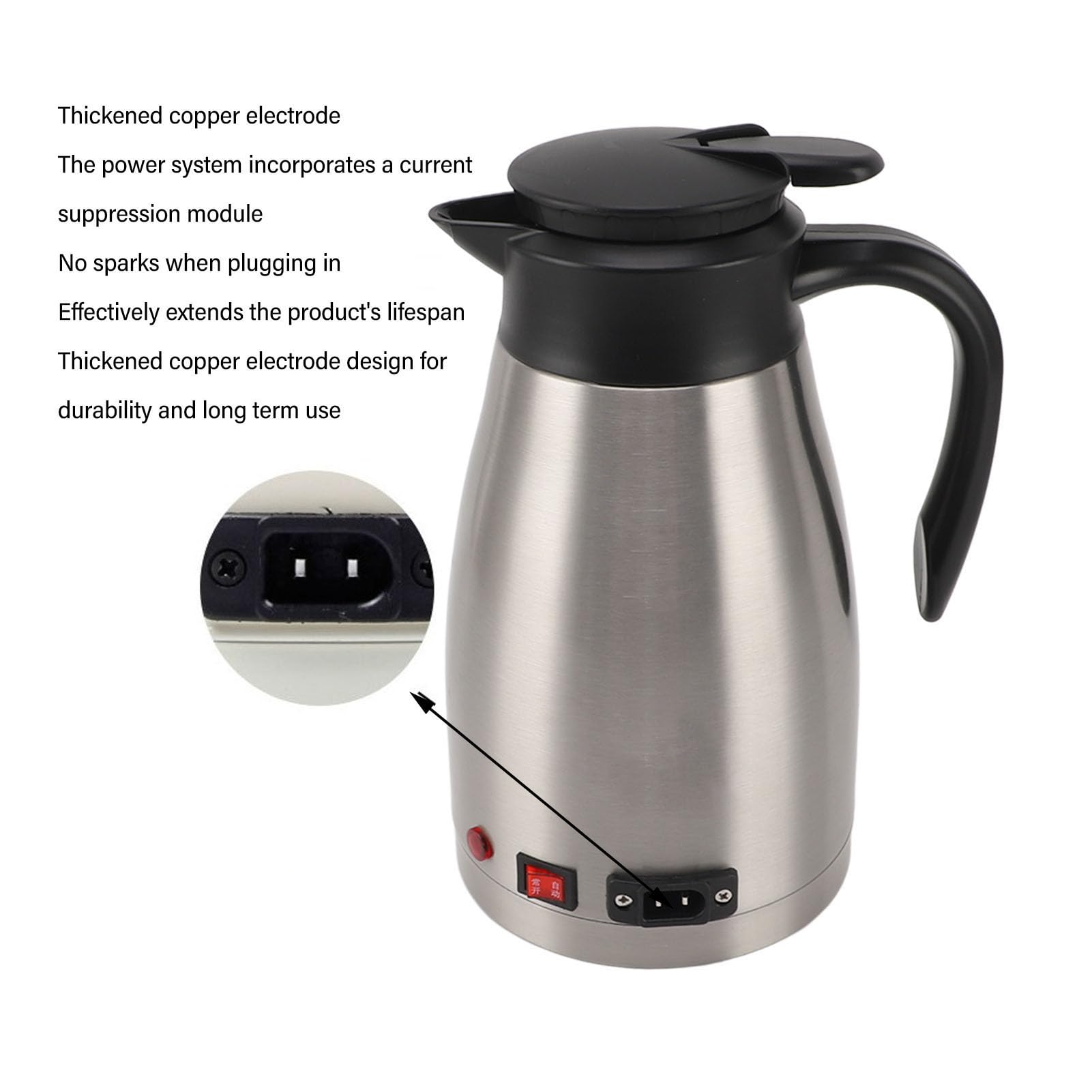 Fdit Hervidor de Agua Eléctrico para Coche de 12 V, Duradero, de Acero Inoxidable, Portátil, para Viajes Al Aire Libre, Caldera de Agua para Coche Eléctrico de Gran Capacidad de 1300 Ml para Coches,
