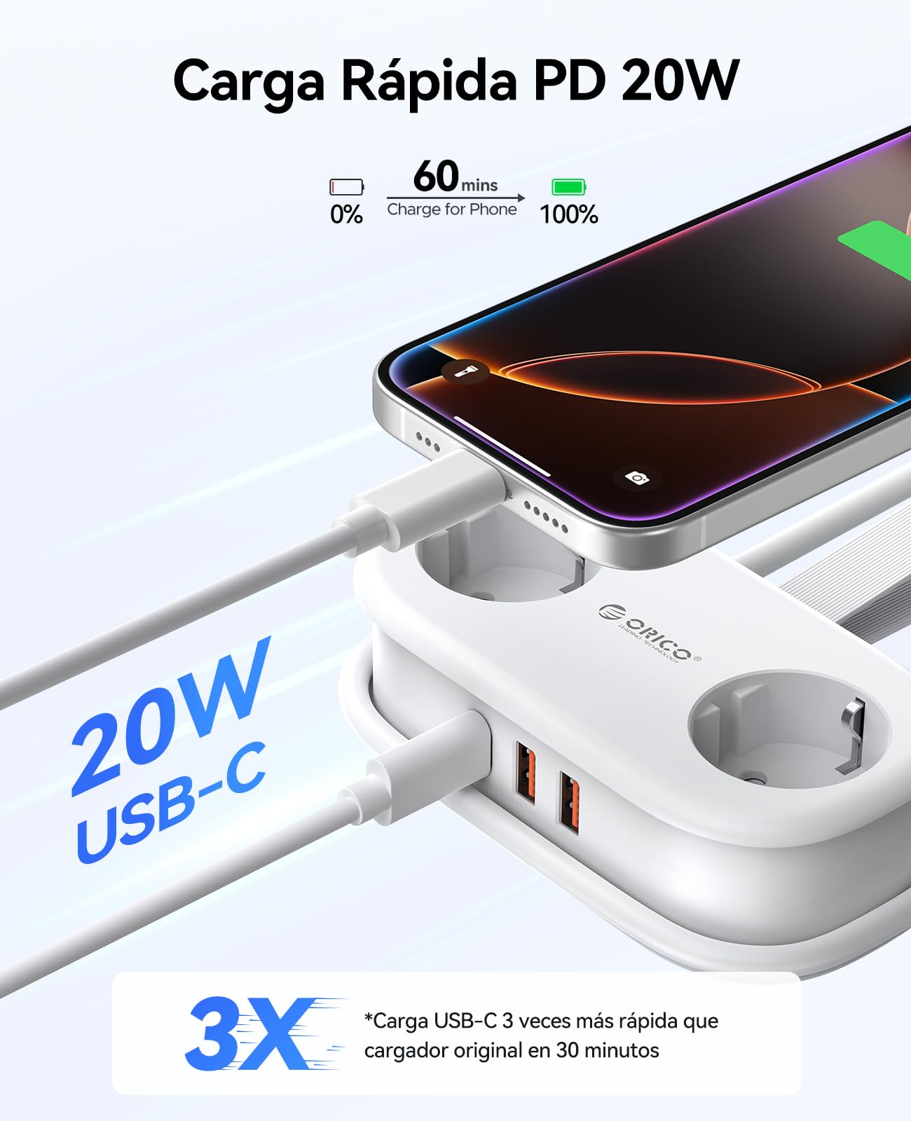 Regleta ORICO con USB C PD 20W, 2 Tomas de Corriente de Viaje y 3 Puertos de Carga USB (1 USB C) Compatible con Teléfono, con Cable de 1,5m para Home Office en el Barco (AP3-Negro)