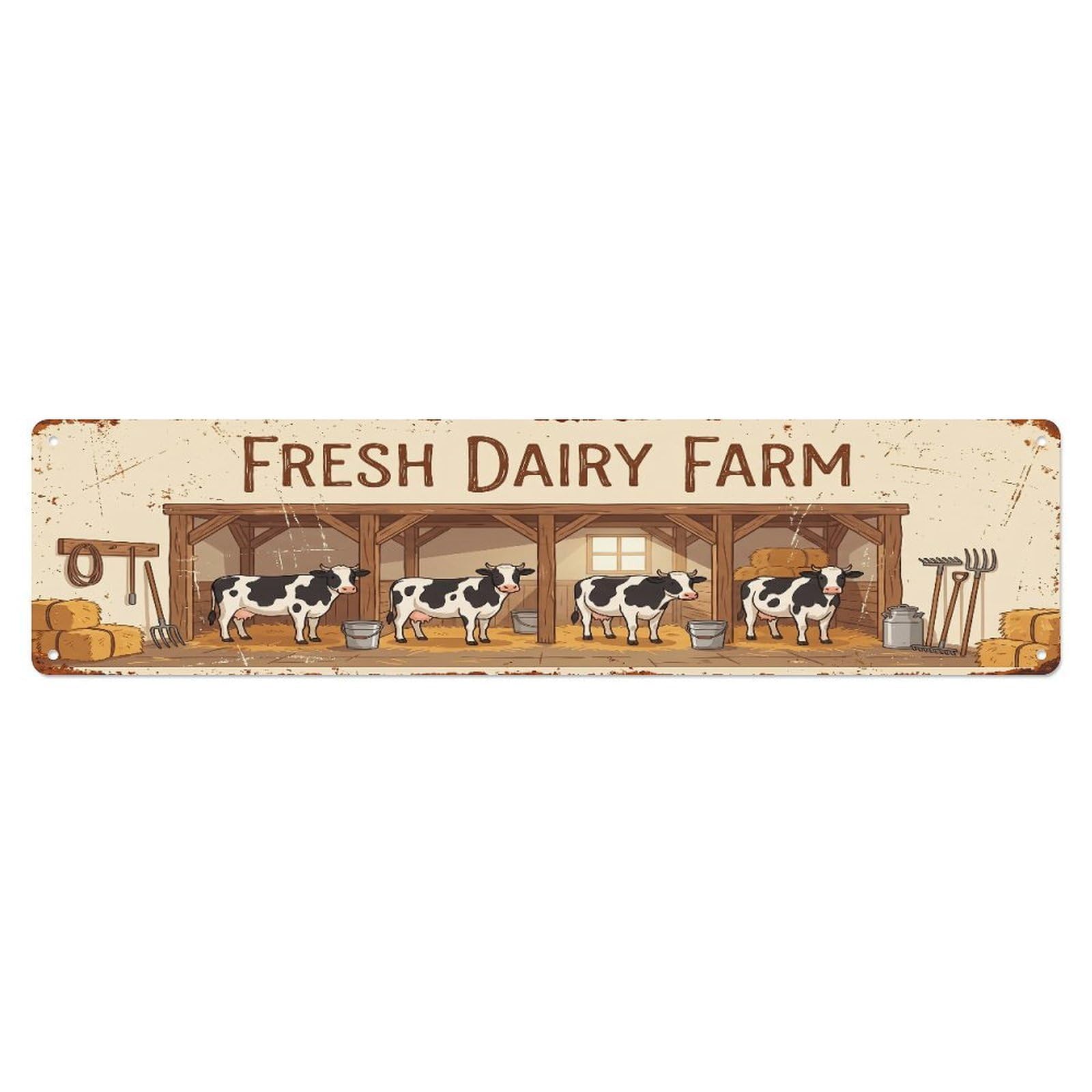 Metal Tin Sign Vintage Dairy Cow Farm Scene Fresh Dairy Farm