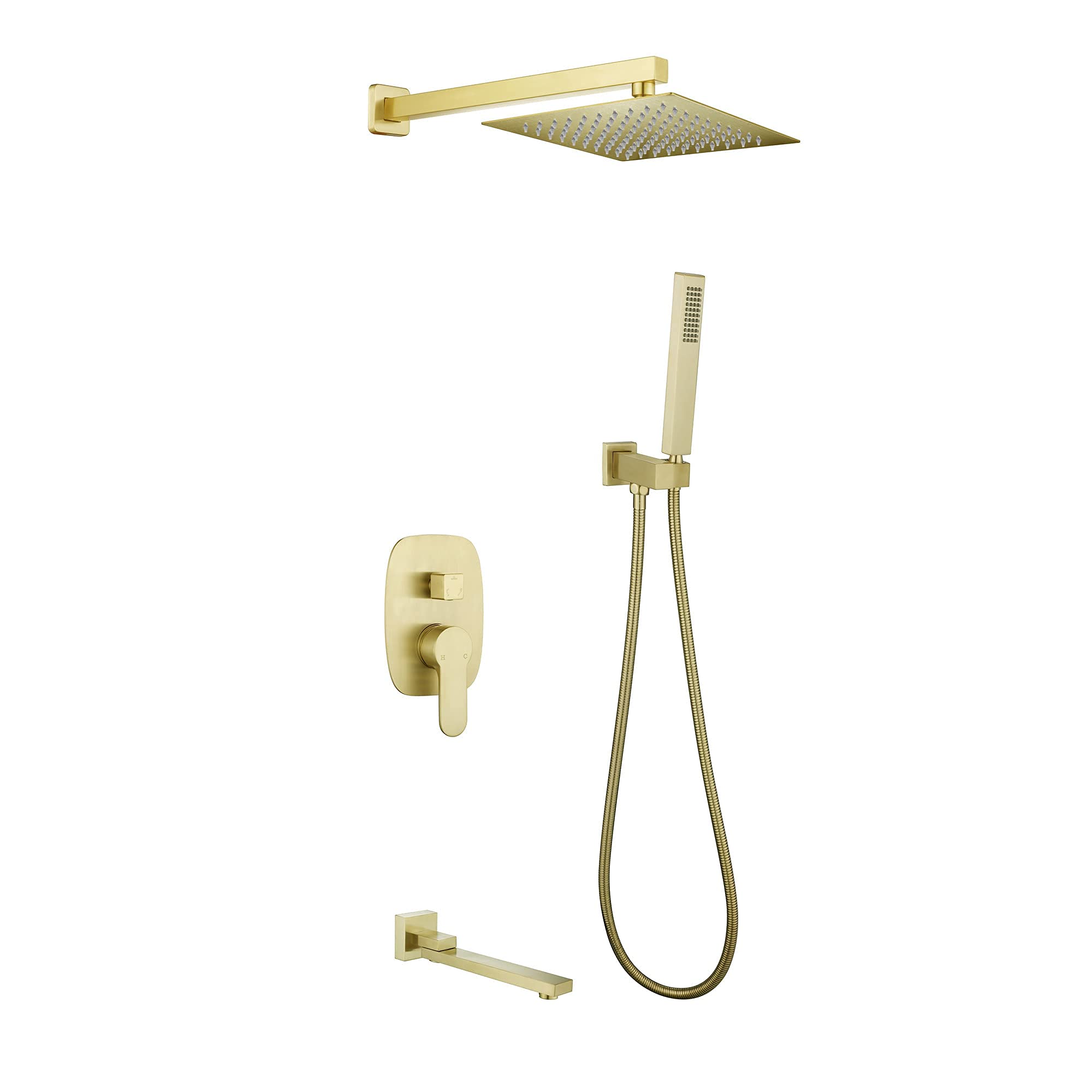 CWCQGH Concealed Shower System, Brushed Gold Brass Wall Mounted Rainfall 3 Functions Shower Faucet System Mixer Set with 10-12" Rain Square Shower Head Spout Tub Mixer Set,12 in,10 Inch