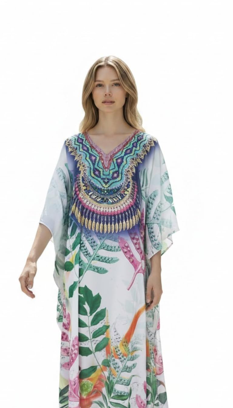 Women’s Premium Silk Kaftan with Stone Work | Free Size Up to 44 | Designer (Green Stone) (White)-image-21