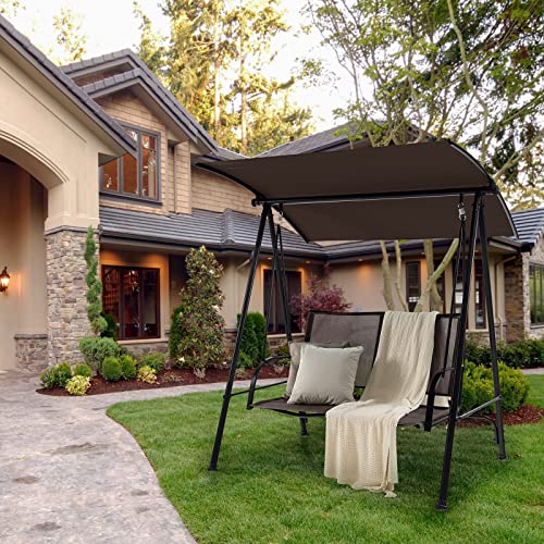 Image of Tangkula 2 Person Porch Swing, Patio Swing with Adjustable Canopy, Comfortable Fabric Seat & Heavy-Duty Steel Frame, Outdoor Canopy Swing for Patio, Garden, Poolside (Dark Brown)