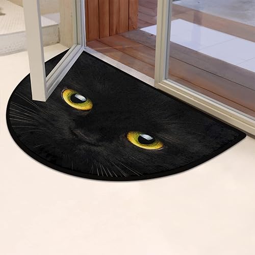 Miniatura 4 de Tapete semicircular redondo para puerta de entrada interior con ojos de animal negro, tapete antideslizante y absorbente, 24 x 36 pulgadas,