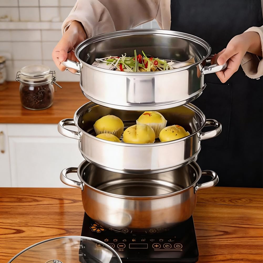 Cacerola de 28 cm de acero inoxidable para cocinar al vapor, sartén de 3 niveles con tapa, olla para cocinar verduras, mariscos, sopas, guisos y pasta