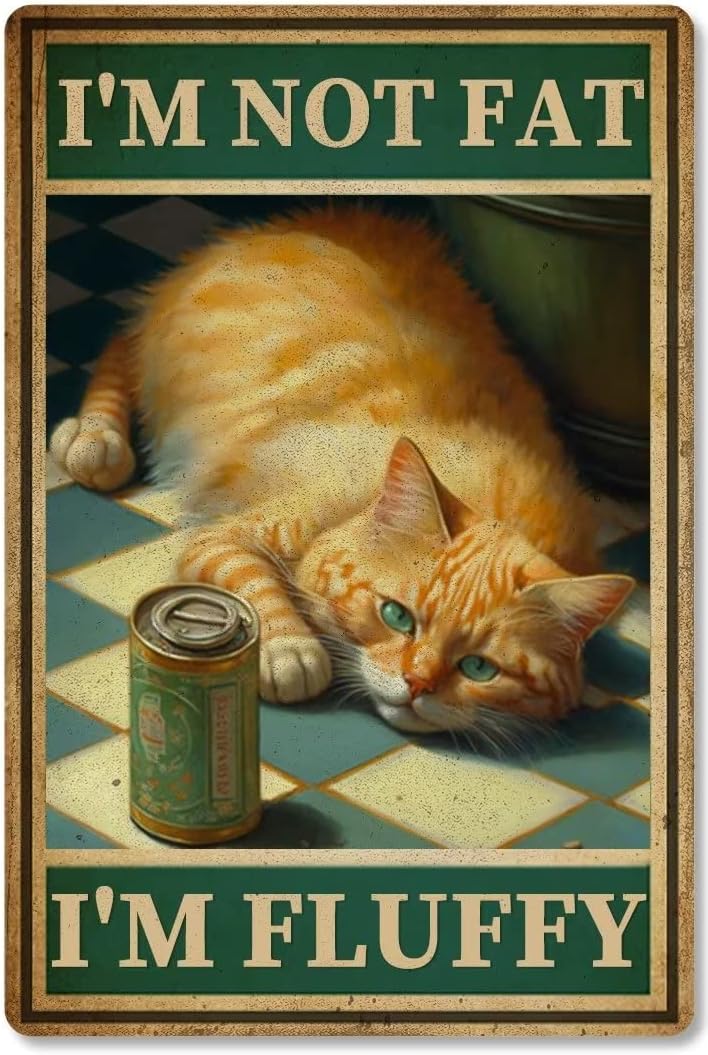 Vintage Funny Fat Orange Cat Tin Sign I'M Not Fat I'M Metal Poster Retro Plaque Wall Decor Gift For Garden Garage Classroom Library Living Room Cinema 16x24 Inch
