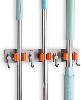 Meiyijia Portascope e Portaspazzole Muro Montato, 304 Acciaio Inossidabile Supporto Autoadesivo per Scopa, Robusto Strumento Rack di Stoccaggio Salvaspazio per Cucina, 3 Posti e 4 Ganci, 1 Pezzi