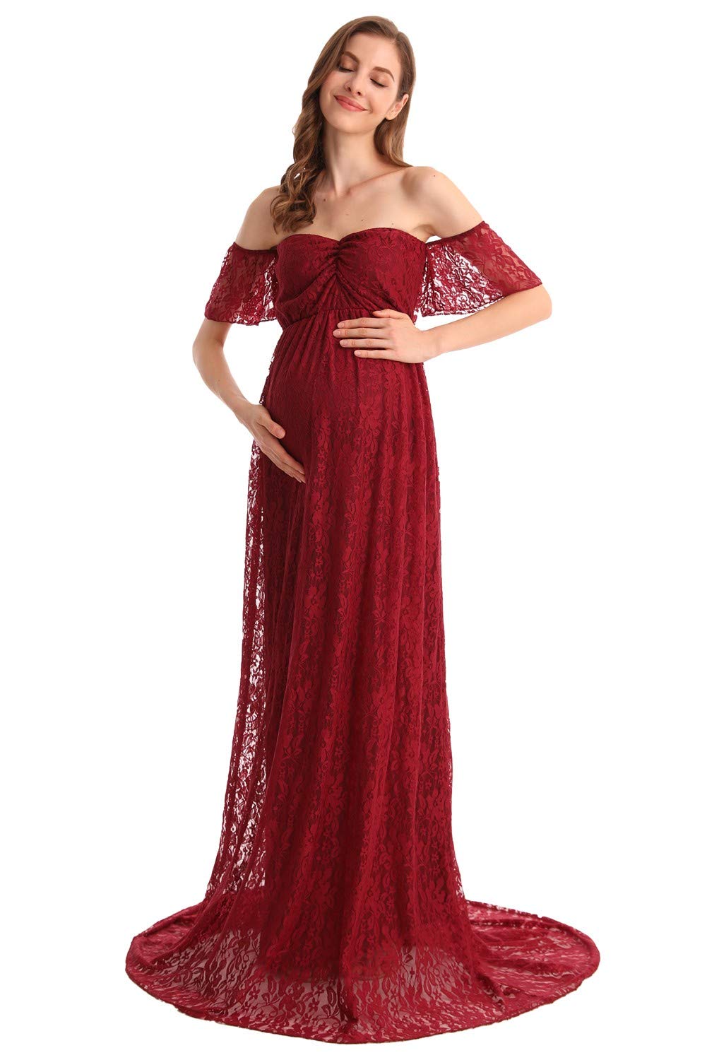 MYRISAM Abito da Sposa da Donna, in Stile Bohémien, con Spalle Scoperte, Maniche a Volant, in Pizzo, per Fotografia, Maxi Baby Shower
