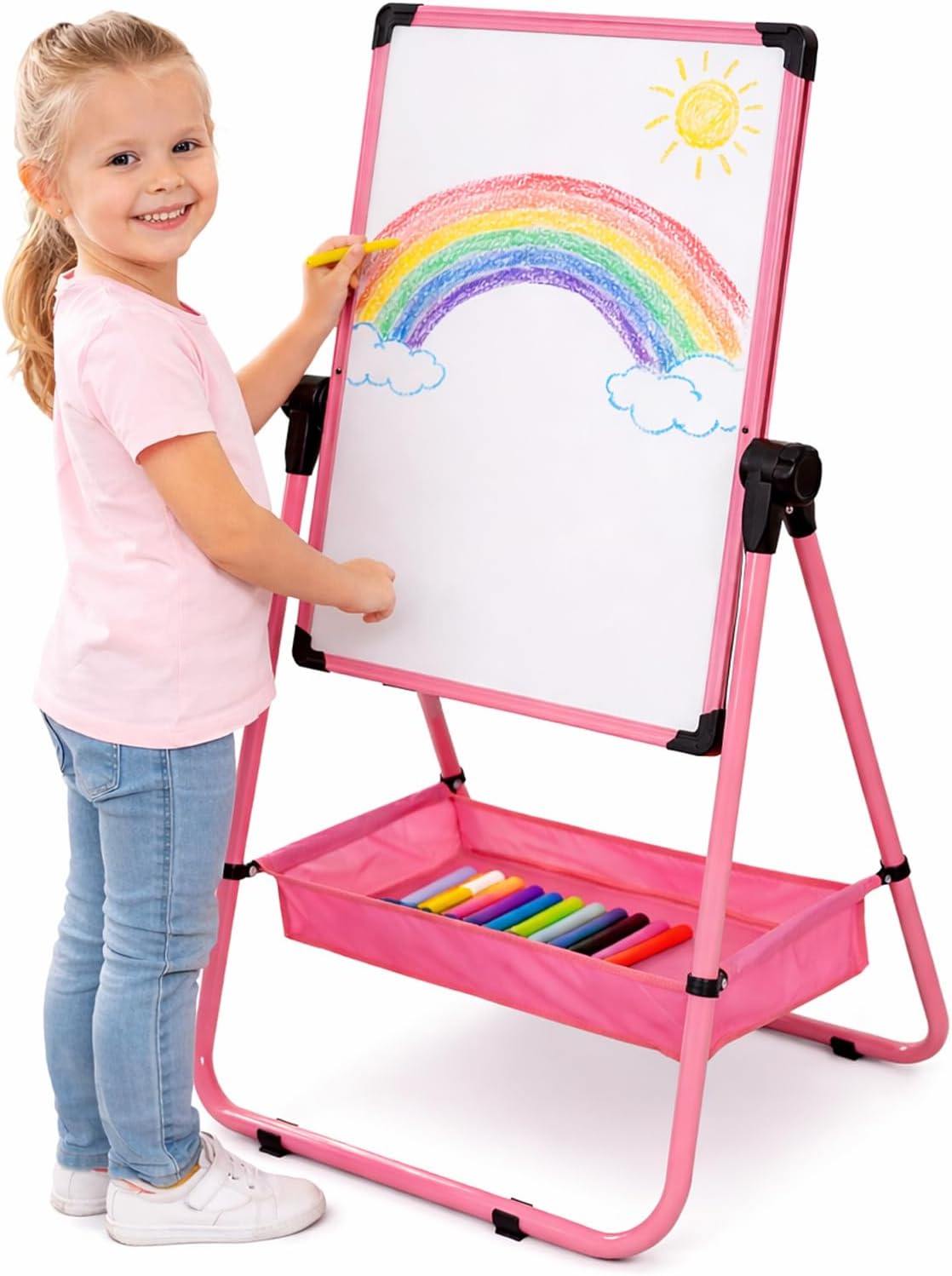 Kids Art Easel 29.5inch-44inch Height Adjustable 360°Rotating Whiteboard & Chalkboard Double Sided Easel for Kids (Pink)