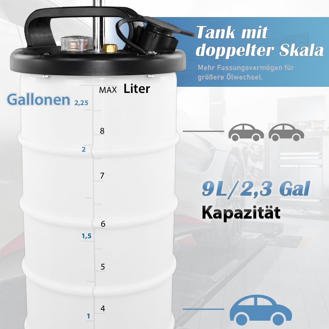FIRSTINFO Manueller Ölabsauger 9L, Patentierte 3. Generation, Hergestellt in Taiwan, Ölwechselpumpe Mit Druckmanometer, 5 Absaugschläuche Inklusive 130 cm Extra-Dünner Sonde, A1108H