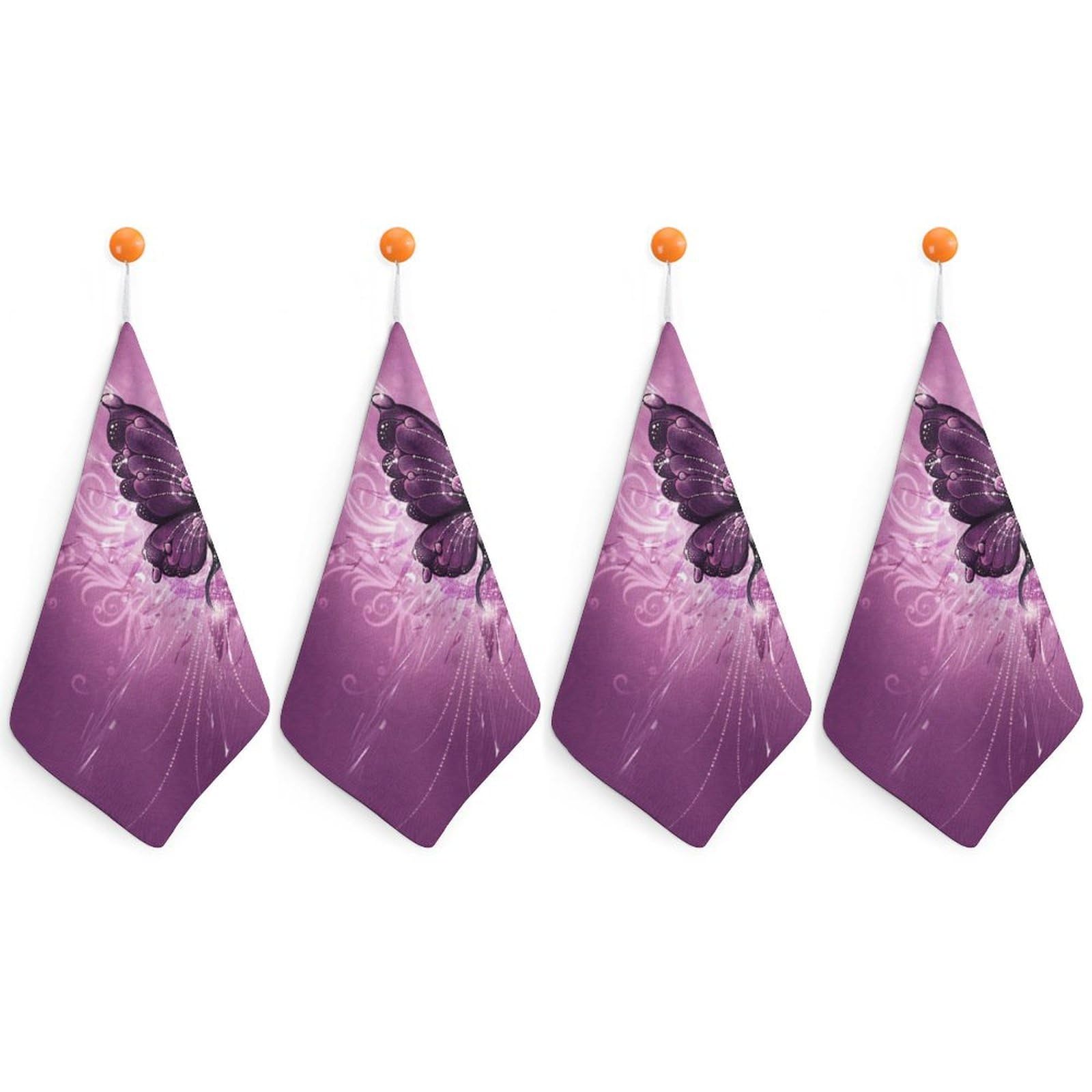 LEDFCVSU 4 Piece Hanging Hand Towels, Purple Butterfly Art Small Dry Hand Towel for Kitchen Bathroom